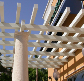 close up of trellis system in front of Starbucks Coffee
